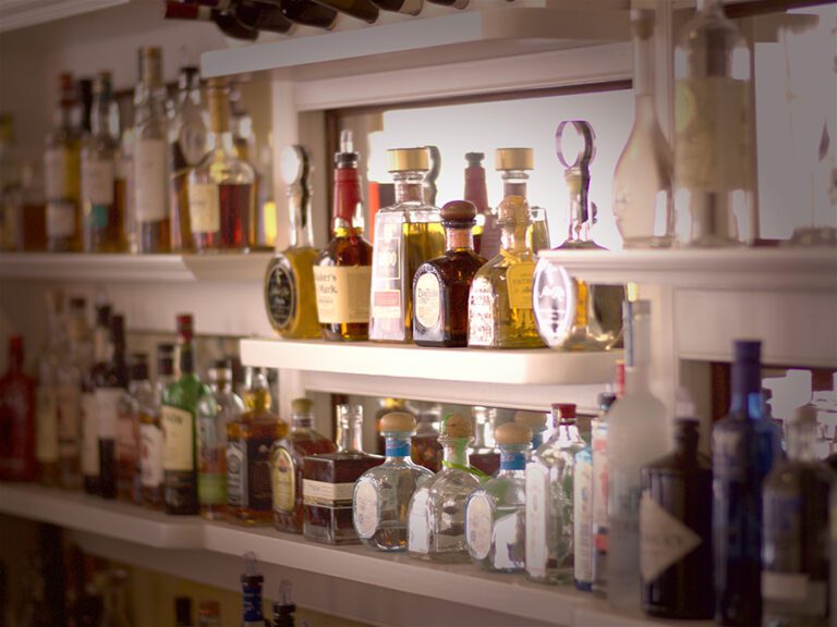 Alcohol on shelves in a bar